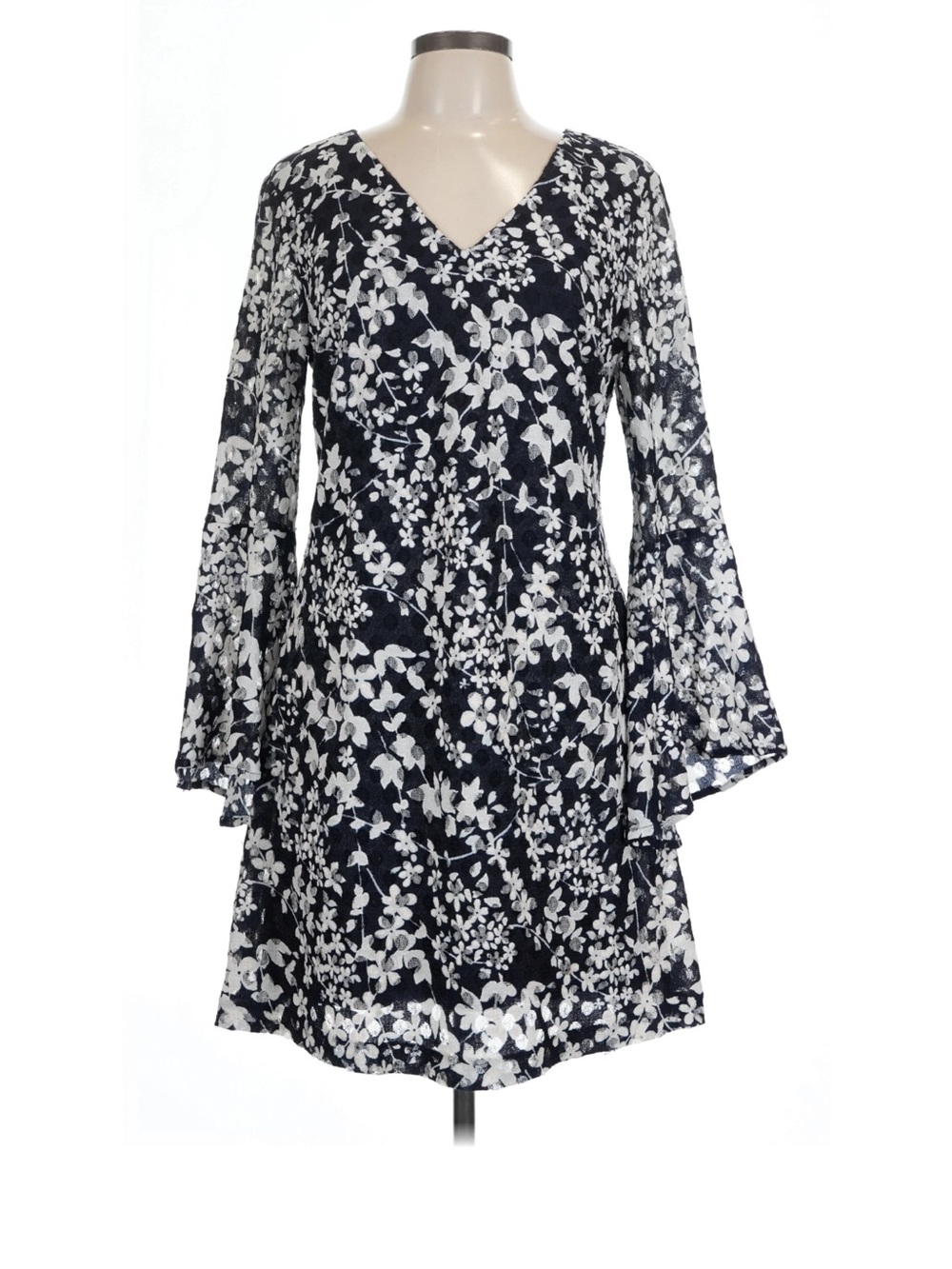 Karl Lagerfeld Paris Size 12 Navy and White Floral V-Neck Bell Sleeve Dress NWO